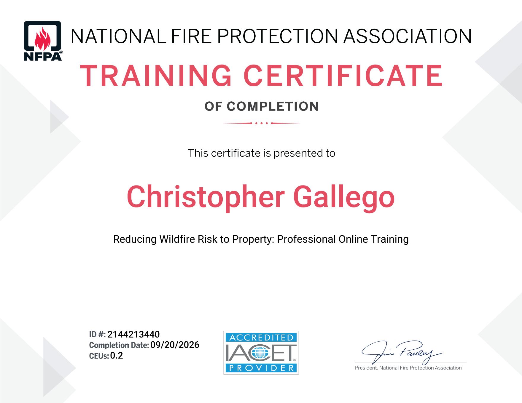 NFPA training certificate of completion 2144213440 for Christopher Gallego, Reducing Wildfire Risk to Property, 20 September 2026