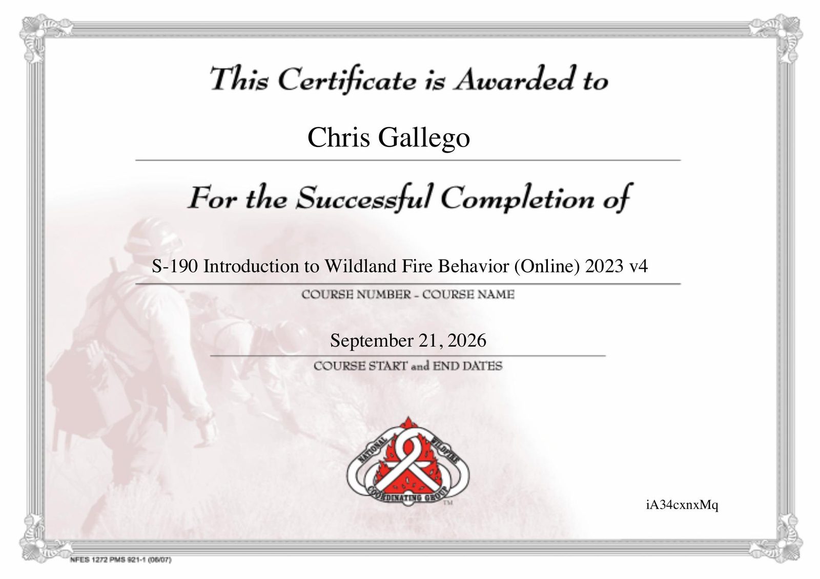NWCG S-190 Introduction to Wildland Fire Behavior certificate awarded to Chris Gallego, 21 September 2026